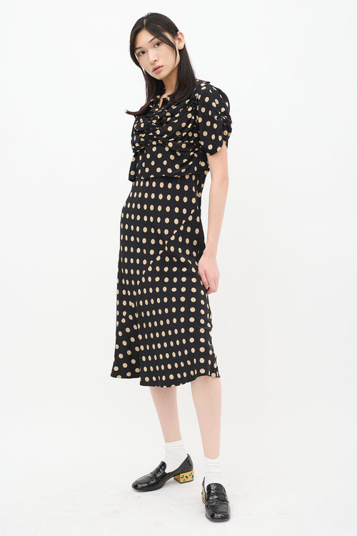 Comme des Garçons Black & Beige Silk Polka Dot Ruched Bias Dress