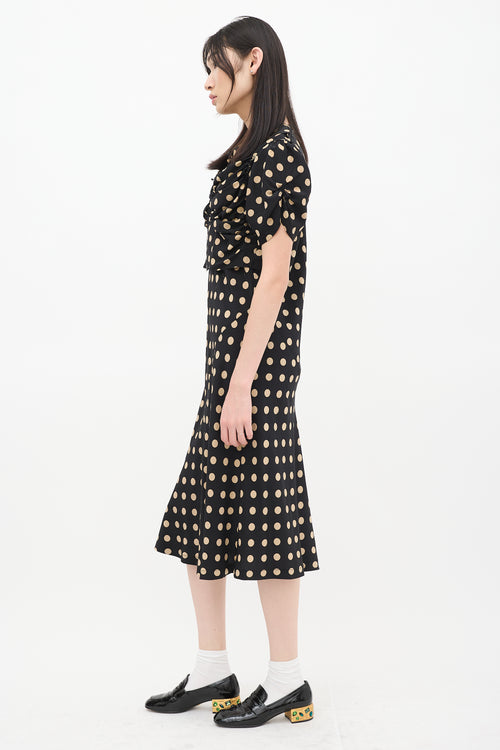 Comme des Garçons Black & Beige Silk Polka Dot Ruched Bias Dress