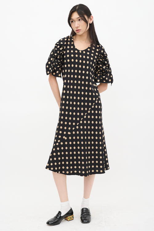 Comme des Garçons Black & Beige Silk Polka Dot Ruched Bias Dress