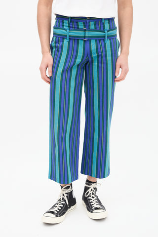 Comme des Garçons Blue & Green Striped Belted Trouser