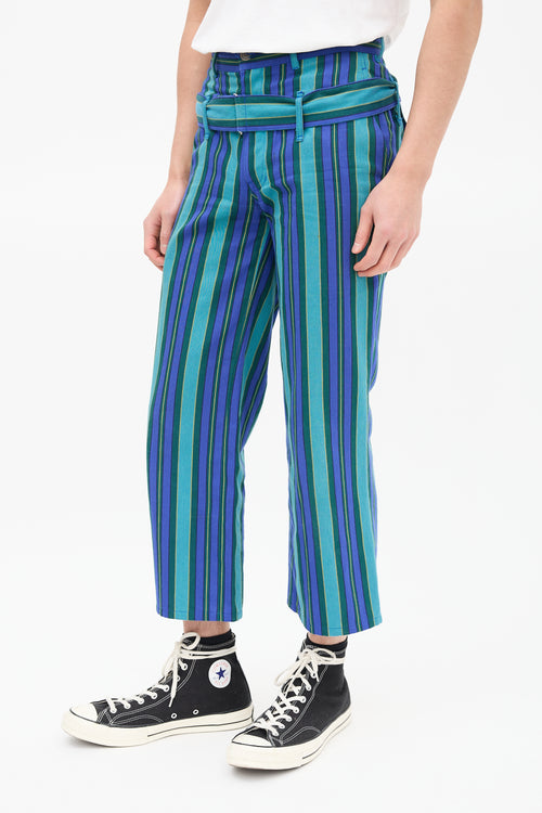 Comme des Garçons Blue & Green Striped Belted Trouser