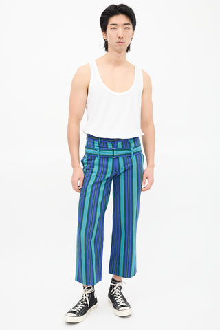 Comme des Garçons Blue & Green Striped Belted Trouser