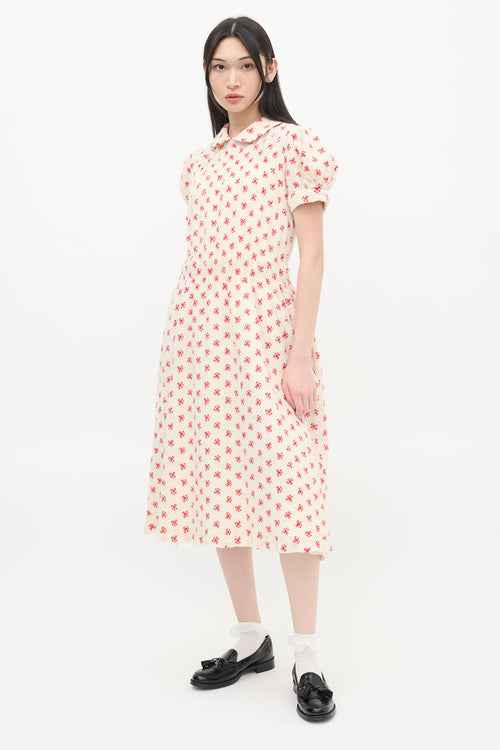 Comme des Garçons Girl Cream & Red Floral Embroidered Midi Dress