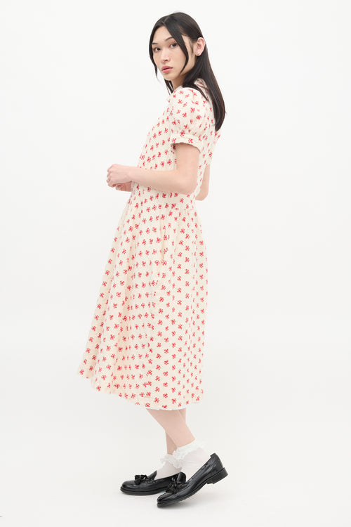 Comme des Garçons Girl Cream & Red Floral Embroidered Midi Dress