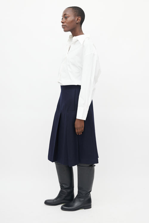 Comme des Garçons Navy Wool Deconstructed Pleat Skirt