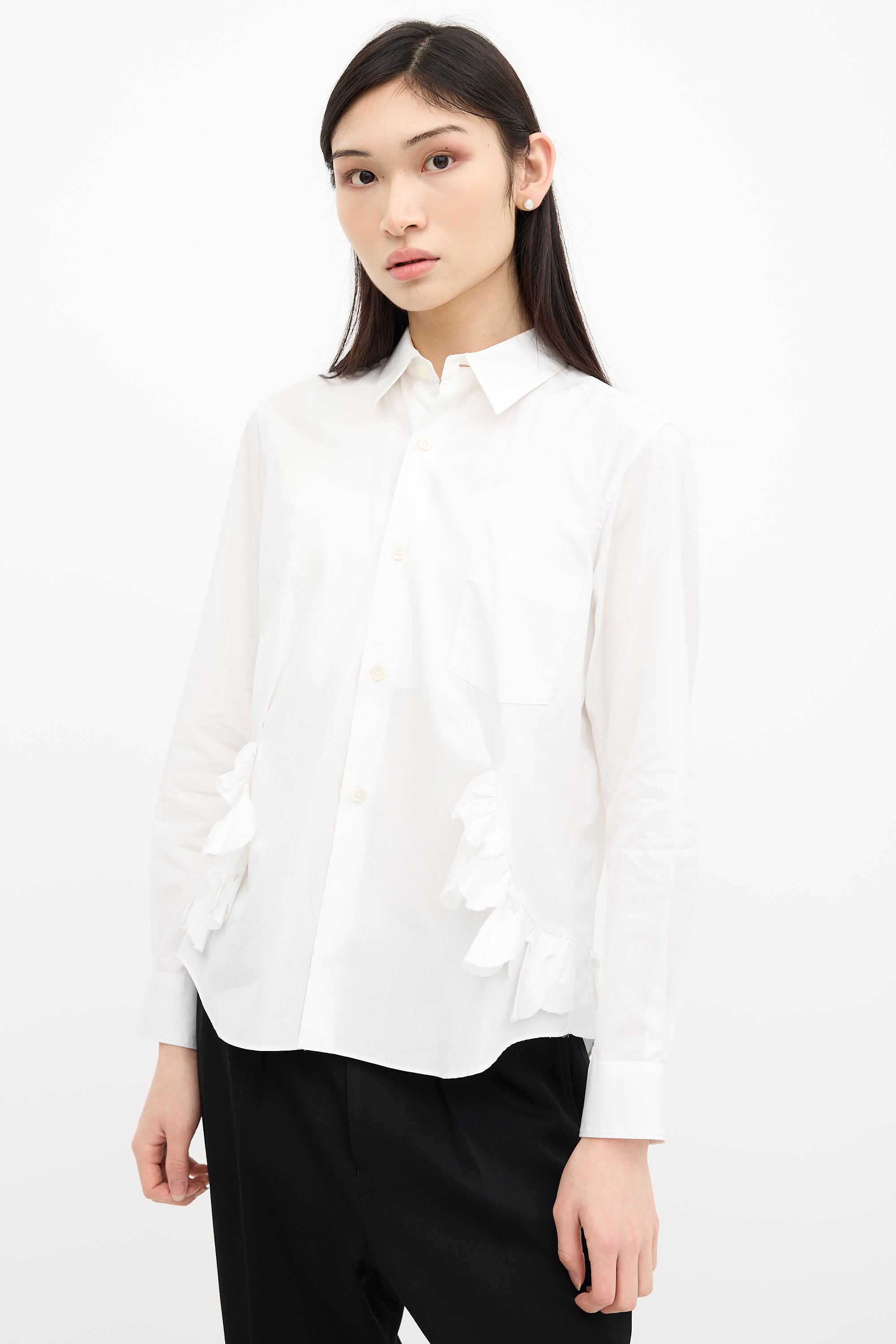 white shirt with ruffle front