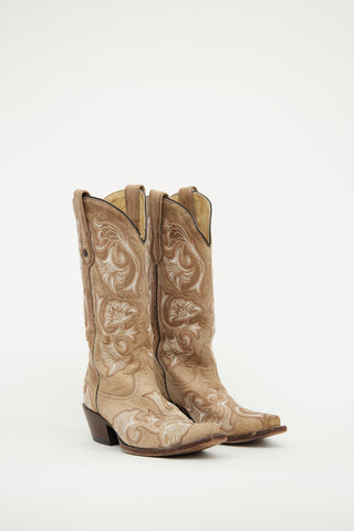 Beige Embroidered Western Boot