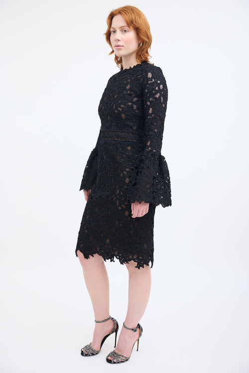 Costarellos Black Guipure Lace Midi Dress