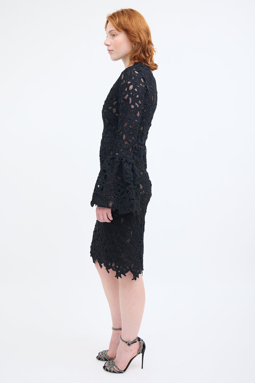 Costarellos Black Guipure Lace Midi Dress