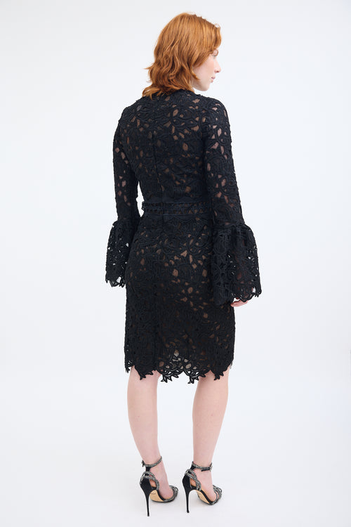 Costarellos Black Guipure Lace Midi Dress