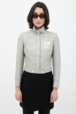 Courrèges Grey & Cream Leather Logo Jacket