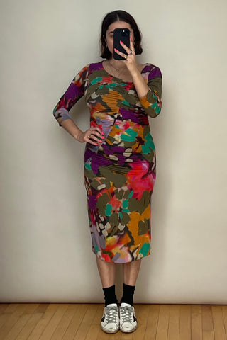 Multicolour Abstrast Printed Ruched Midi Dress