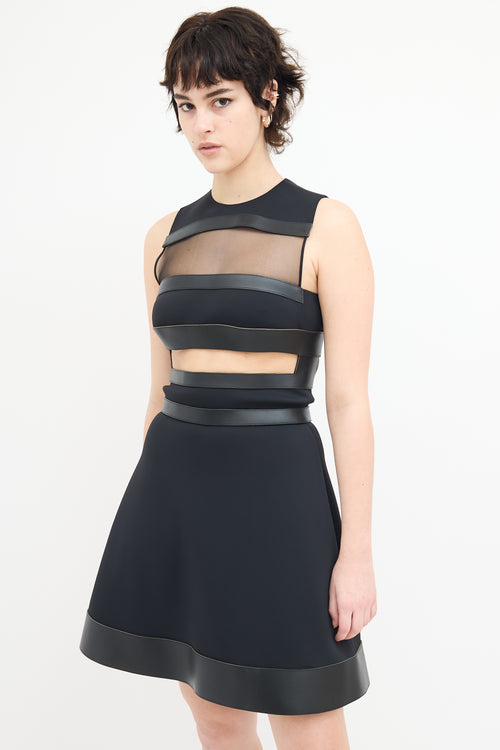 David Koma Black Neoprene & Leather Cutout Mini Dress