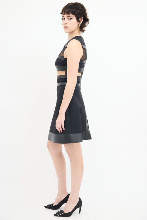 David Koma Black Neoprene & Leather Cutout Mini Dress
