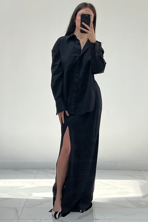 Black Satin Slit Maxi Skirt