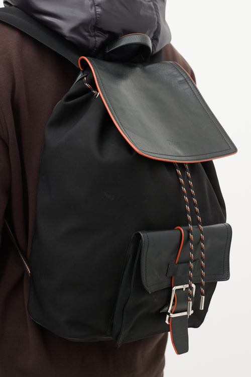 Dior Black Leather & Canvas Drawstring Backpack