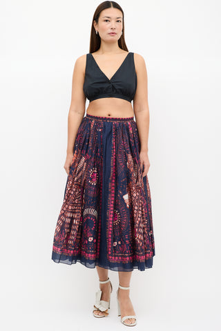 Dior Navy & Multi Cotton Printed Midi Skirt