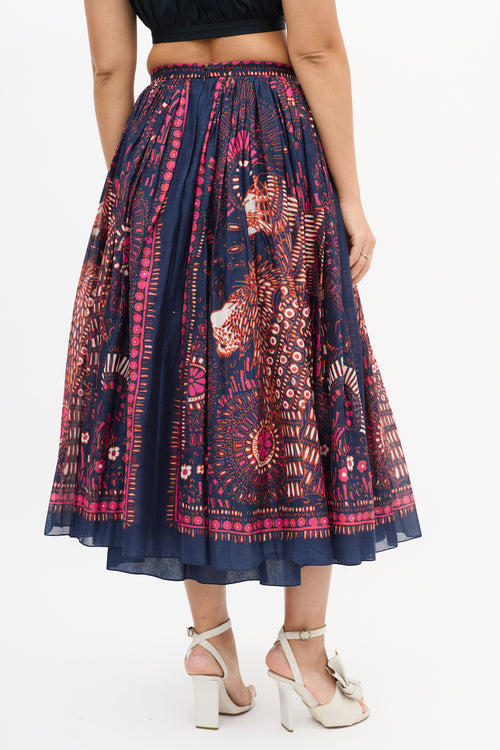 Dior Navy & Multi Cotton Printed Midi Skirt