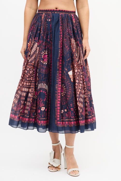 Dior Navy & Multi Cotton Printed Midi Skirt