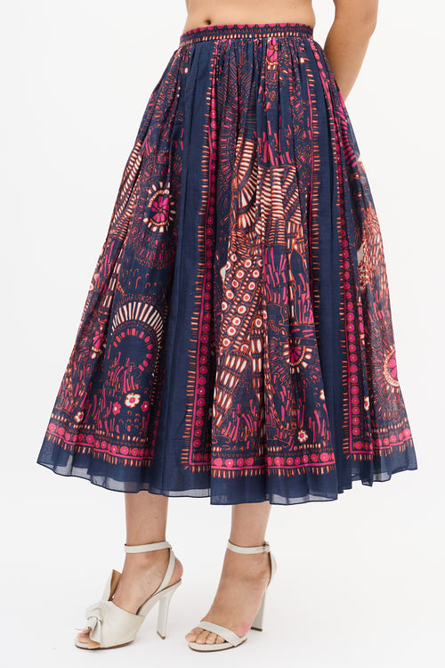 Dior Navy & Multi Cotton Printed Midi Skirt