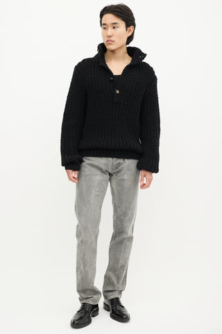 Dolce & Gabbana Black Wool Knit Quarter Button Up Sweater