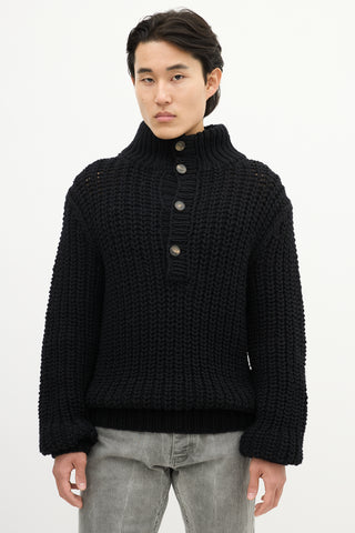 Dolce & Gabbana Black Wool Knit Quarter Button Up Sweater