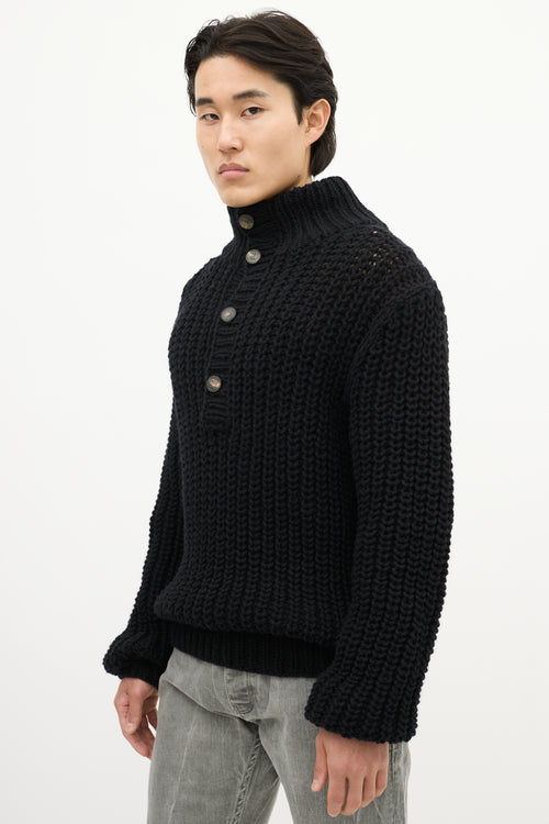 Dolce & Gabbana Black Wool Knit Quarter Button Up Sweater