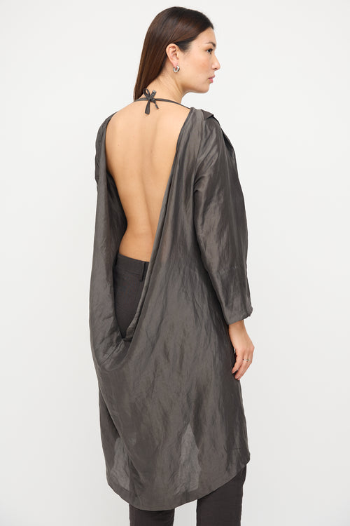 Dries Van Noten Dark Grey Ramie & Silk Open Back Dress