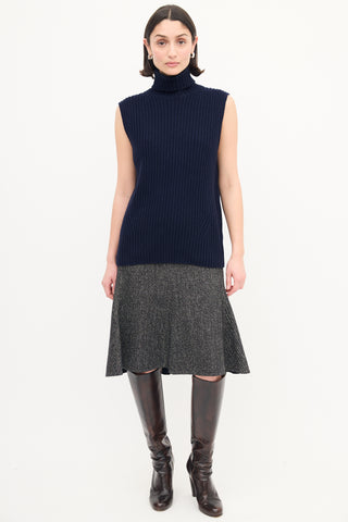Dries Van Noten Navy Wool Ribbed Knit Turtleneck Vest