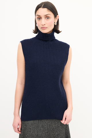 Dries Van Noten Navy Wool Ribbed Knit Turtleneck Vest