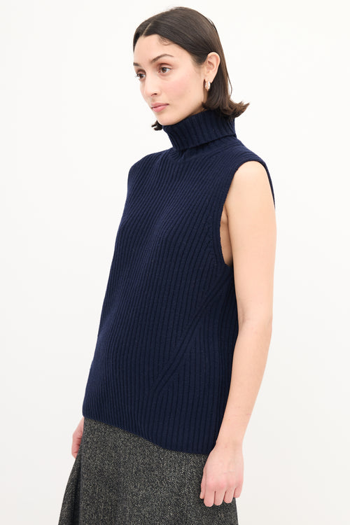 Dries Van Noten Navy Wool Ribbed Knit Turtleneck Vest