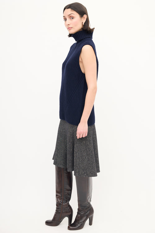 Dries Van Noten Navy Wool Ribbed Knit Turtleneck Vest