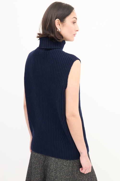 Dries Van Noten Navy Wool Ribbed Knit Turtleneck Vest