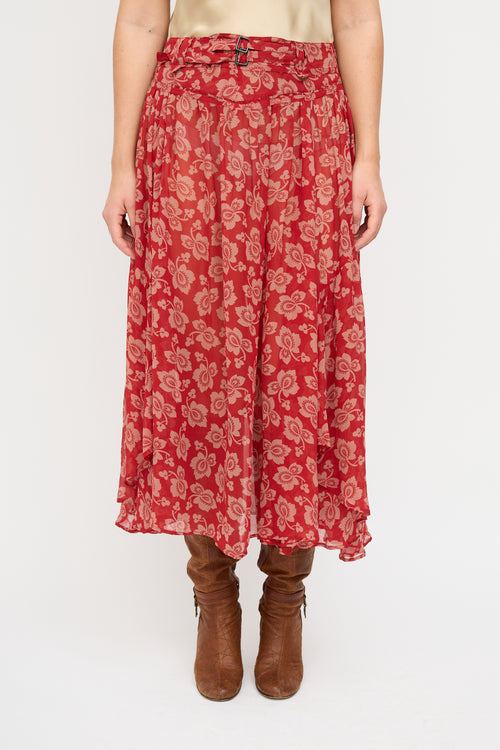 Dries Van Noten Red & Beige Silk Floral Midi Skirt