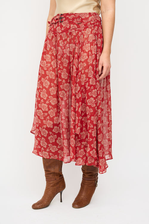 Dries Van Noten Red & Beige Silk Floral Midi Skirt