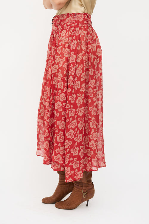 Dries Van Noten Red & Beige Silk Floral Midi Skirt