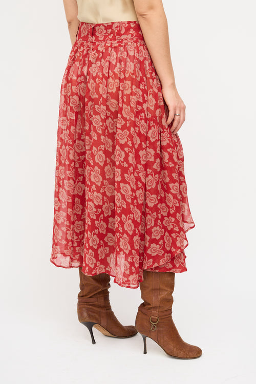 Dries Van Noten Red & Beige Silk Floral Midi Skirt