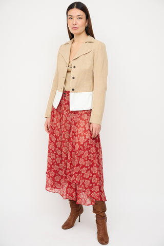 Dries Van Noten Red & Beige Silk Floral Midi Skirt