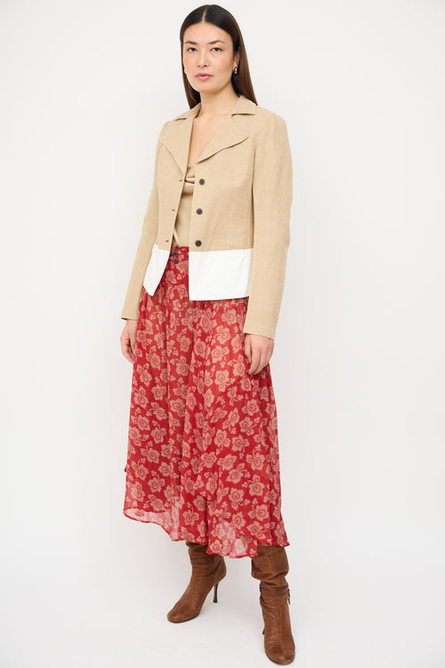 Dries Van Noten Red & Beige Silk Floral Midi Skirt