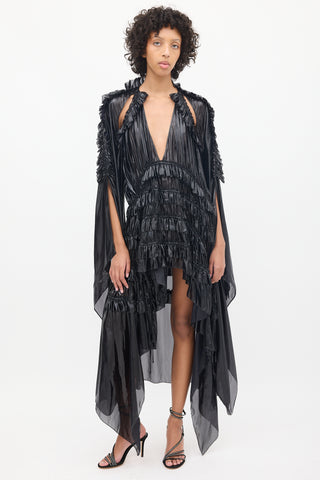 DSquared2 Black Lamé Ruffle Tiered Cape Dress