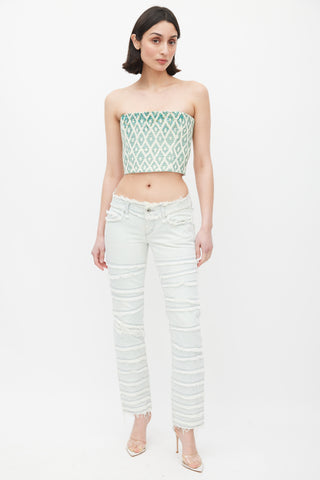 DSquared2 Green & Cream Woven Embellished Bustier Top