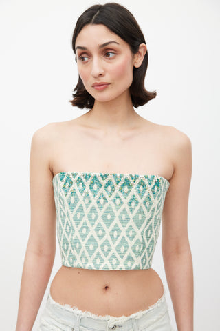 DSquared2 Green & Cream Woven Embellished Bustier Top