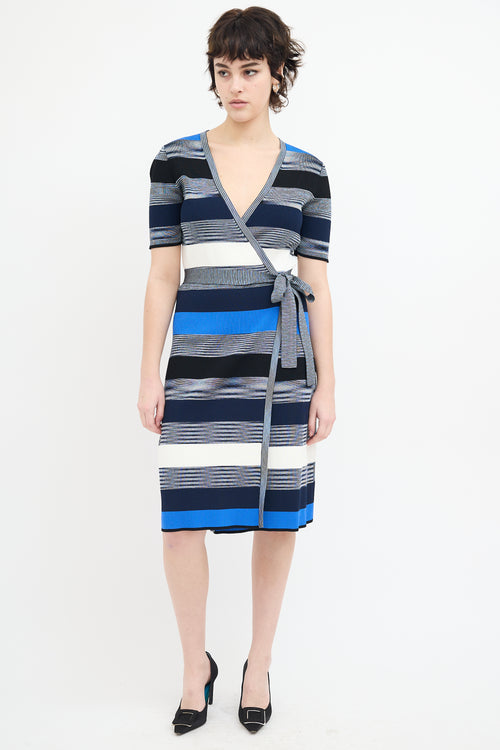 Diane von Furstenberg Blue & Multi Knit Stripe Midi Wrap Dress