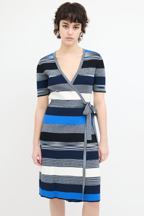 Diane von Furstenberg Blue & Multi Knit Stripe Midi Wrap Dress