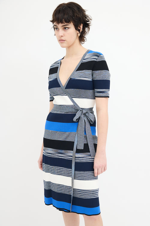 Diane von Furstenberg Blue & Multi Knit Stripe Midi Wrap Dress