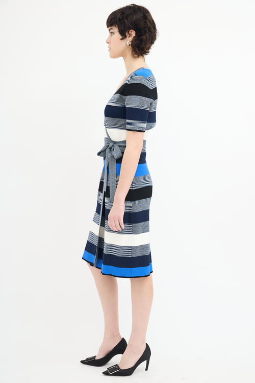 Diane von Furstenberg Blue & Multi Knit Stripe Midi Wrap Dress