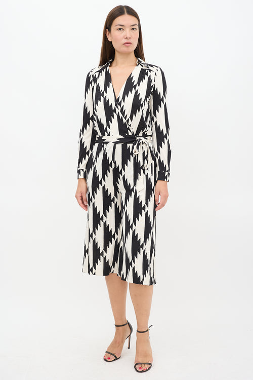 Black & Cream Silk Abstract Wrap Jumpsuit