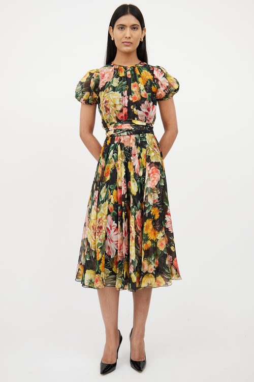 Dolce & GabbanaBlack & Multi Floral Silk Dress