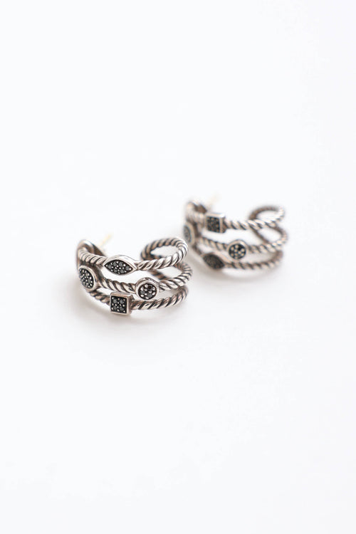 David Yurman Sterling Silver & Black Diamond Three Row Confetti Earrings