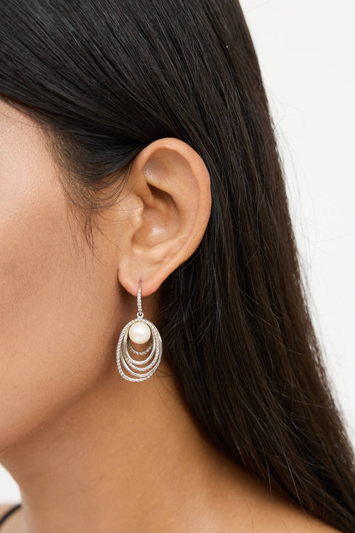 David Yurman Sterling Silver Diamond Pearl Crossover Earrings